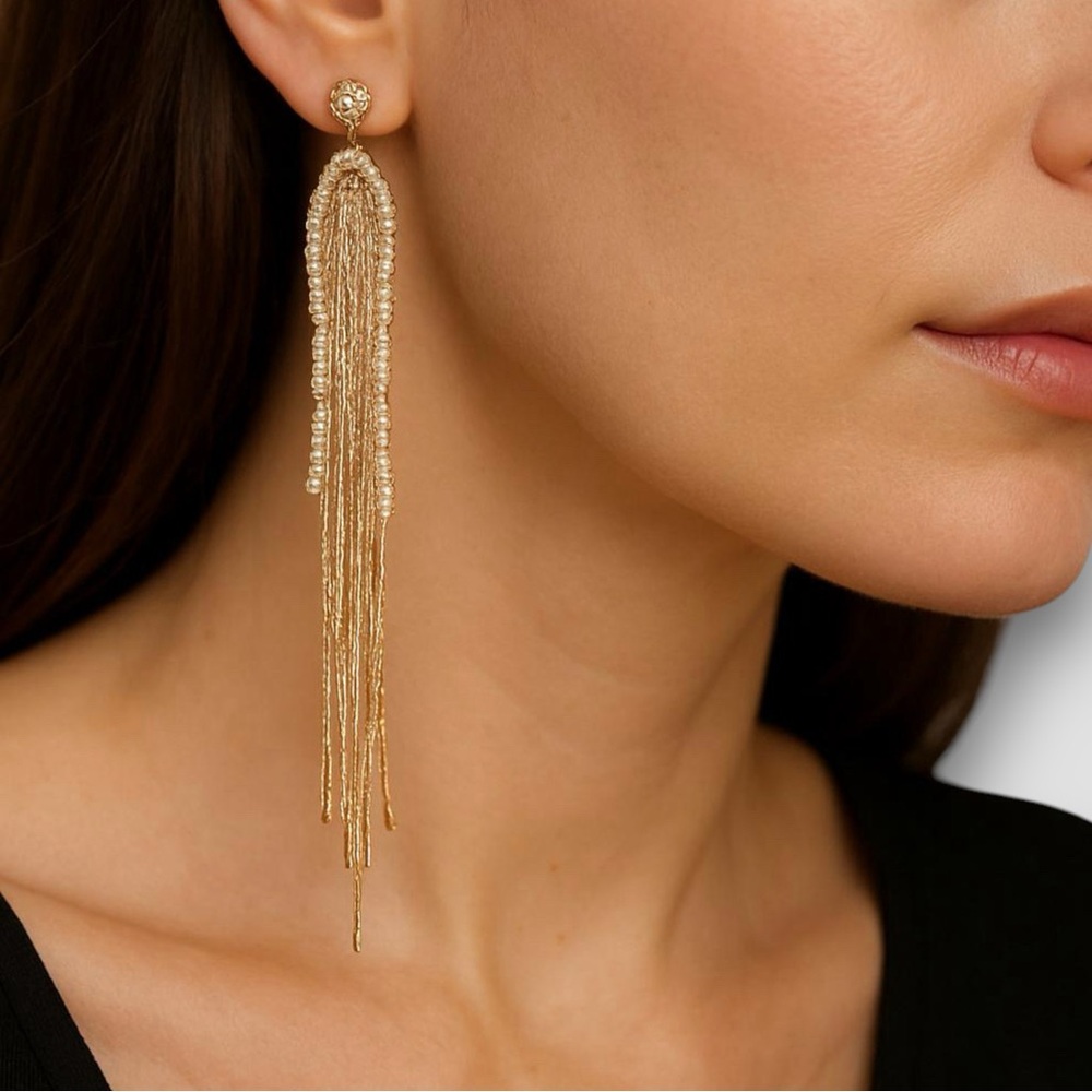 Gold Rhinestone Fringe Earrings | Statement Drop | 9 cm Long